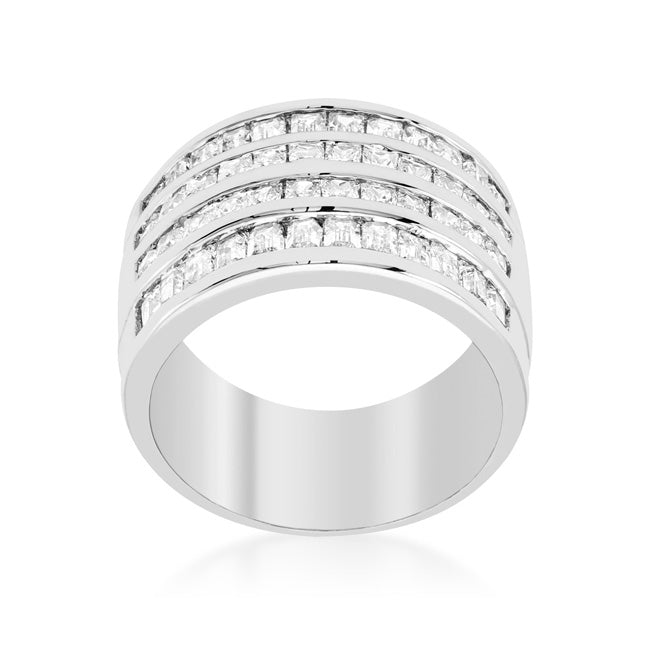 LOVCIA Elegant 4-Row Princess Cut Cubic Zirconia Rhodium Ring