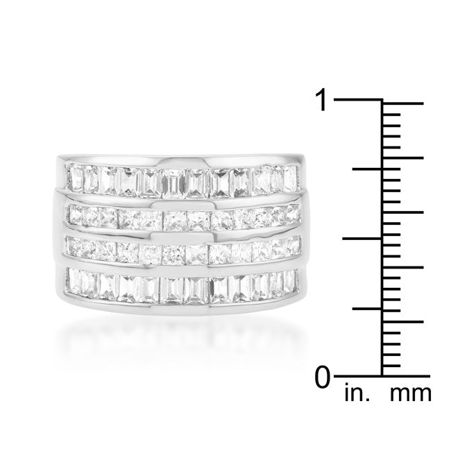 LOVCIA Elegant 4-Row Princess Cut Cubic Zirconia Rhodium Ring