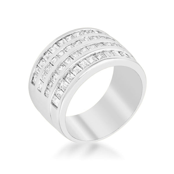 LOVCIA Elegant 4-Row Princess Cut Cubic Zirconia Rhodium Ring