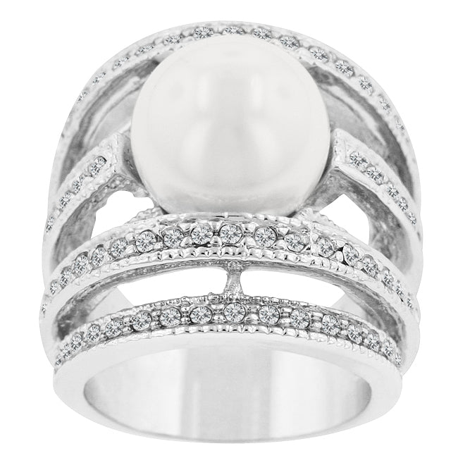 LOVCIA Elegant Rhodium-Plated Pearl Ring