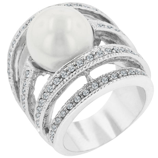 LOVCIA Elegant Rhodium-Plated Pearl Ring