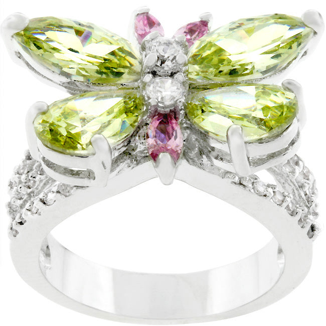 LOVCIA Elegant Tri-Color Cubic Zirconia Butterfly Ring in Rhodium Finish