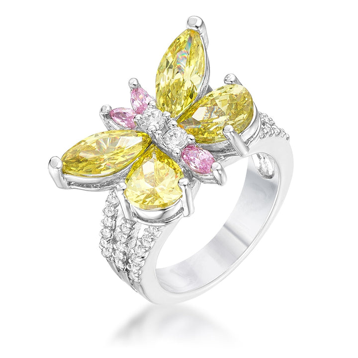 LOVCIA Elegant Tri-Color Cubic Zirconia Butterfly Ring in Rhodium Finish