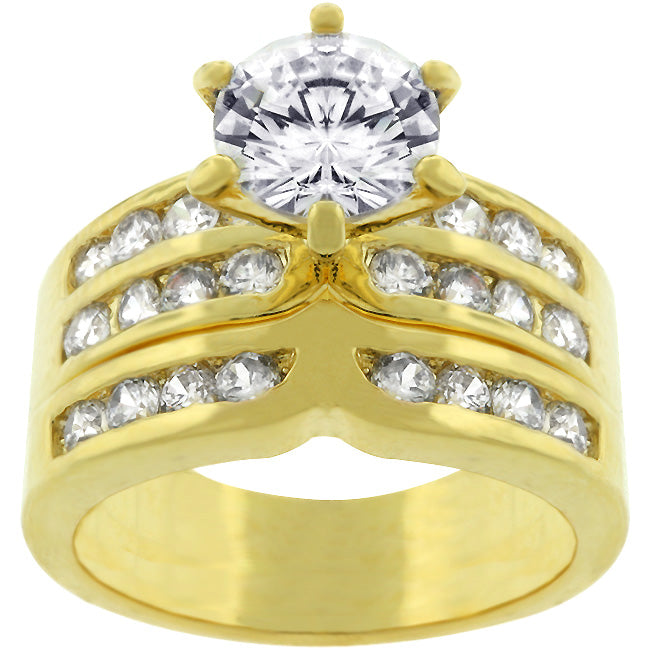 LOVCIA Elegant Goldtone Cubic Zirconia Engagement Ring Set