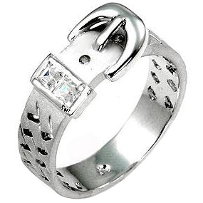 LOVCIA Elegant Silvertone Princess-Cut Buckle Ring