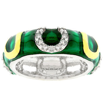 LOVCIA Western Elegance: Two-Tone Green Enamel Horseshoe Ring with Rhodium Plating