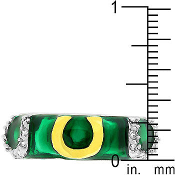 LOVCIA Western Elegance: Two-Tone Green Enamel Horseshoe Ring with Rhodium Plating