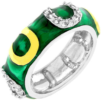 LOVCIA Western Elegance: Two-Tone Green Enamel Horseshoe Ring with Rhodium Plating