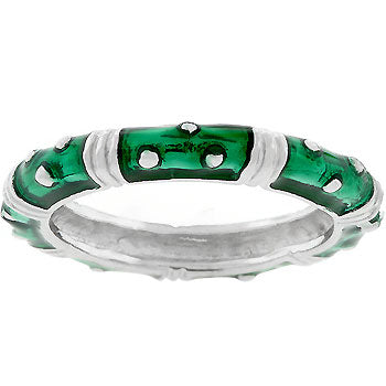 LOVCIA Green Marbled Enamel Eternity Stackable Ring with Rhodium Plating