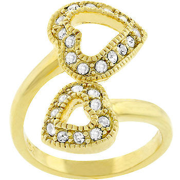 LOVCIA Golden Dual Hearts Pave Crystal Ring