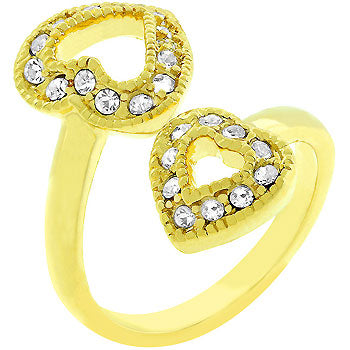 LOVCIA Golden Dual Hearts Pave Crystal Ring