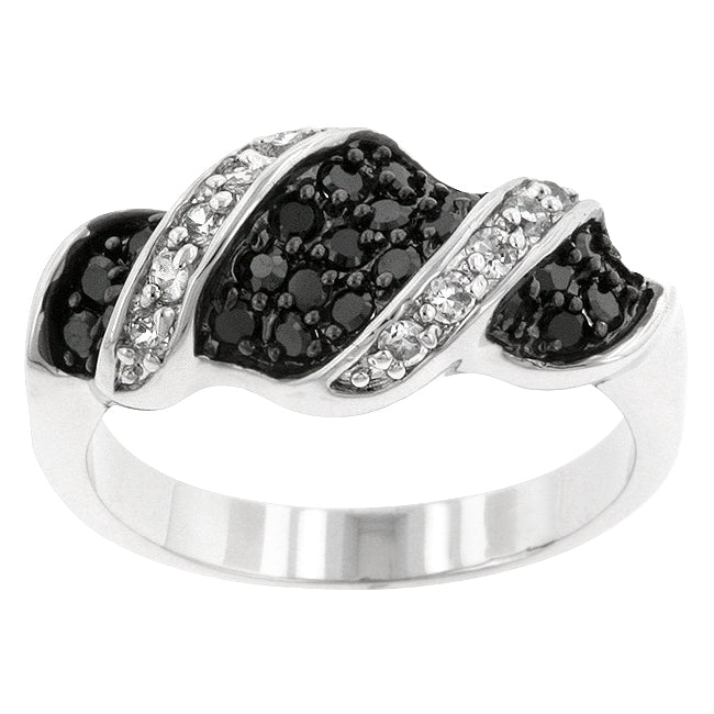 LOVCIA Elegant Swirl Ring with Black and Clear Cubic Zirconia