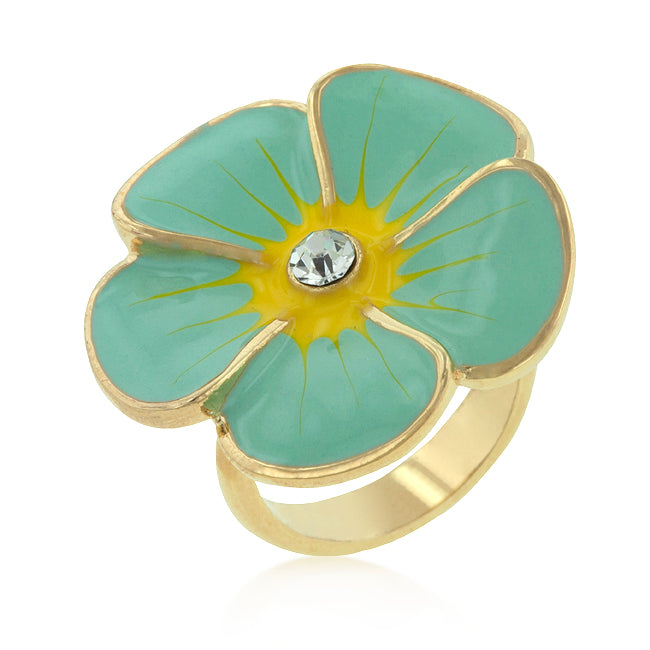 LOVCIA Radiant Blue Enamel Gold-Plated Floral Zircon Ring