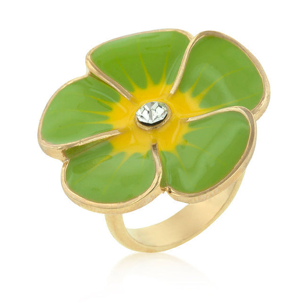 LOVCIA Golden Blooms: Light Green Enamel Floral Ring with Zircon