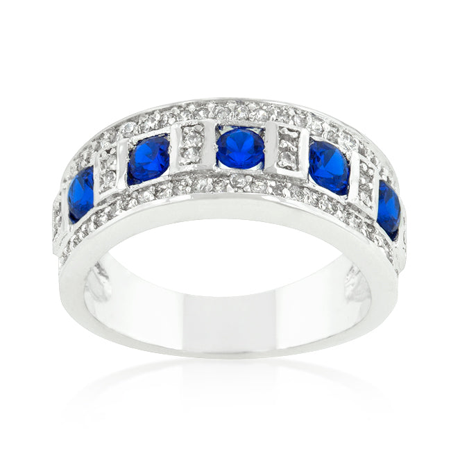 LOVCIA Platinum Luster Rhodium Plated Ring with Blue and Clear Cubic Zirconia