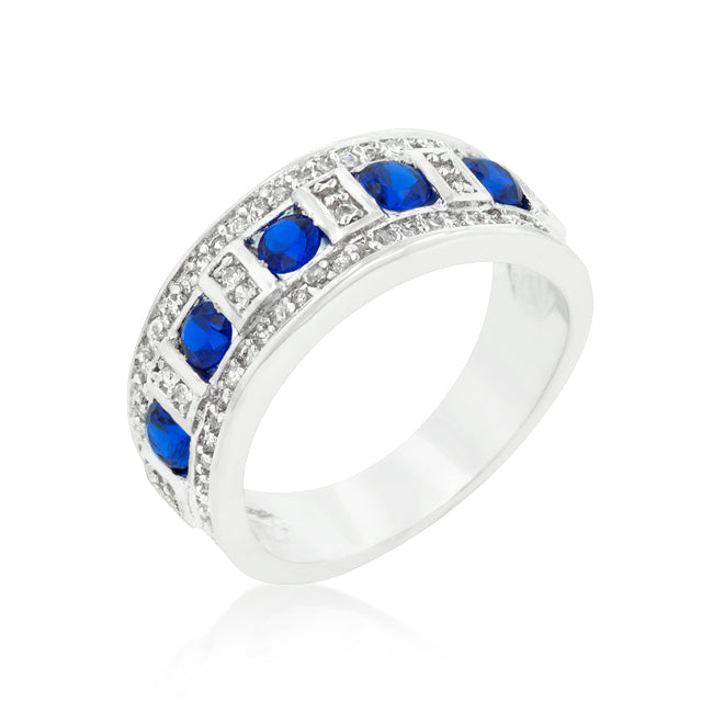 LOVCIA Platinum Luster Rhodium Plated Ring with Blue and Clear Cubic Zirconia