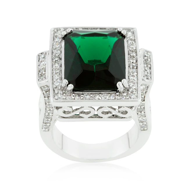 LOVCIA Elegant Emerald Cubic Zirconia Filigree Cocktail Ring