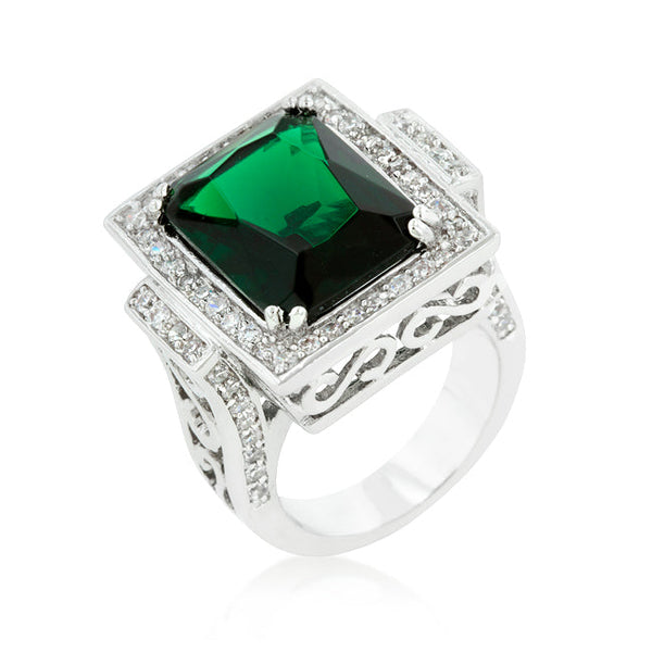 LOVCIA Elegant Emerald Cubic Zirconia Filigree Cocktail Ring