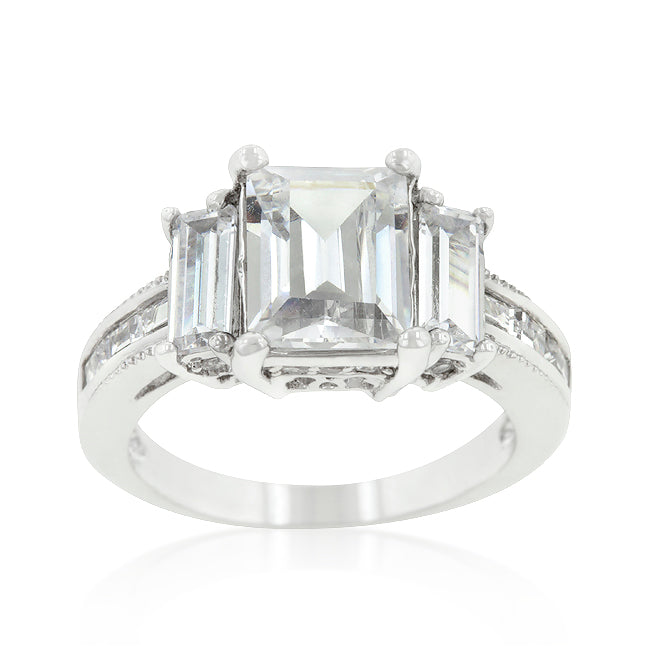 LOVCIA Elegant Emerald-Cut Triplet Engagement Ring with Platinum Luster