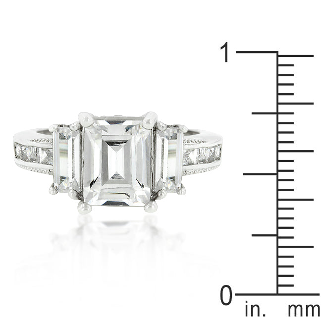 LOVCIA Elegant Emerald-Cut Triplet Engagement Ring with Platinum Luster