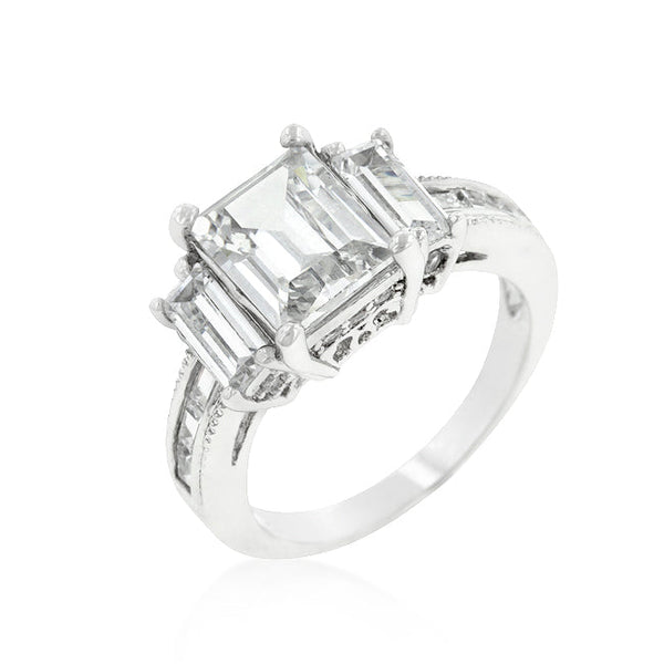 LOVCIA Elegant Emerald-Cut Triplet Engagement Ring with Platinum Luster