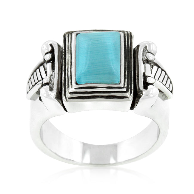 LOVCIA Elegant Blue Cats Eye Rhodium Vintage Ring