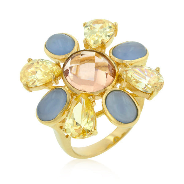 LOVCIA Vibrant Floral Golden Ring with Multi-Colored Cubic Zirconia