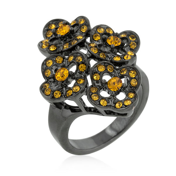 LOVCIA Yellow Crystal Black Rhodium Floral Cocktail Ring