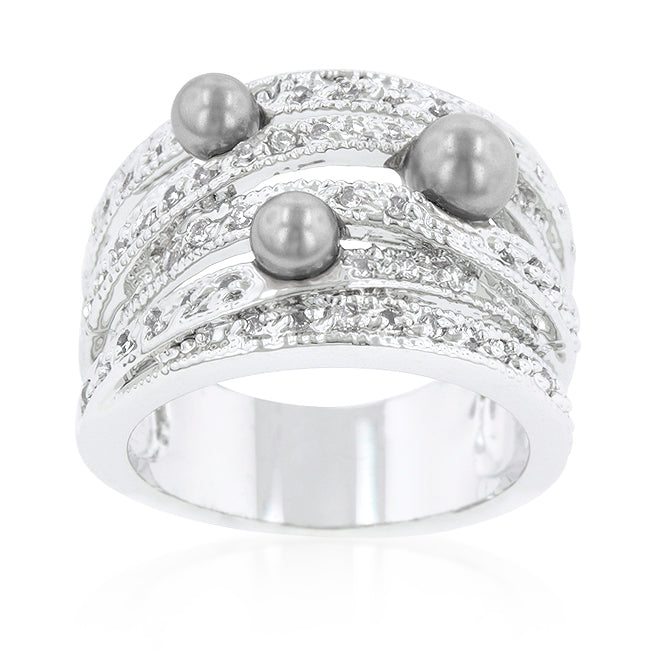 LOVCIA Elegant Gray Pearl Pave Cocktail Ring