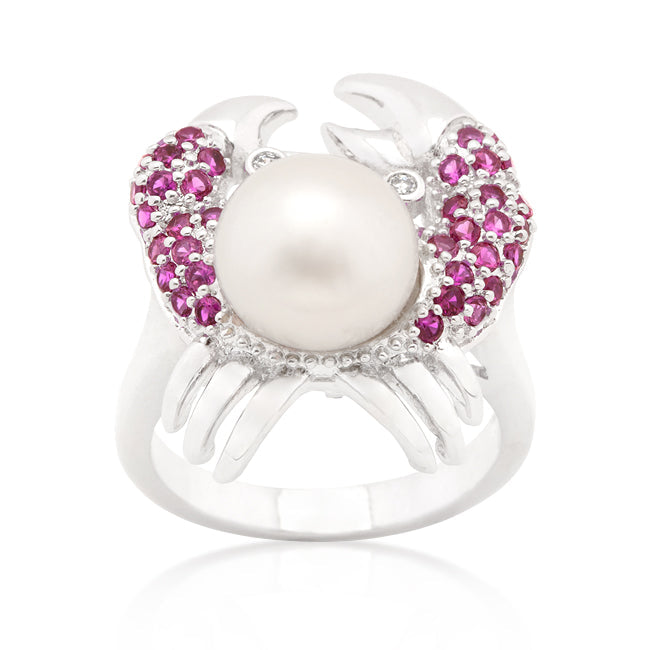 LOVCIA Ruby and Pearl Encrusted Crab Ring with Rhodium Finish