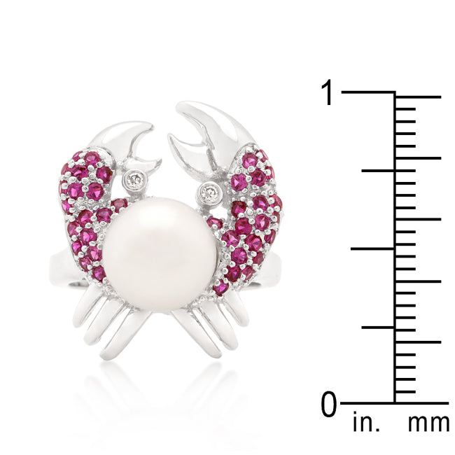 LOVCIA Ruby and Pearl Encrusted Crab Ring with Rhodium Finish