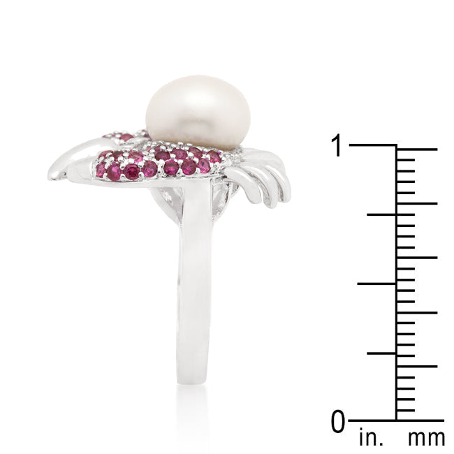 LOVCIA Ruby and Pearl Encrusted Crab Ring with Rhodium Finish