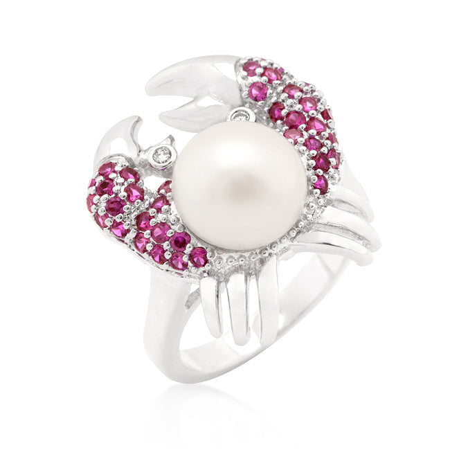 LOVCIA Ruby and Pearl Encrusted Crab Ring with Rhodium Finish