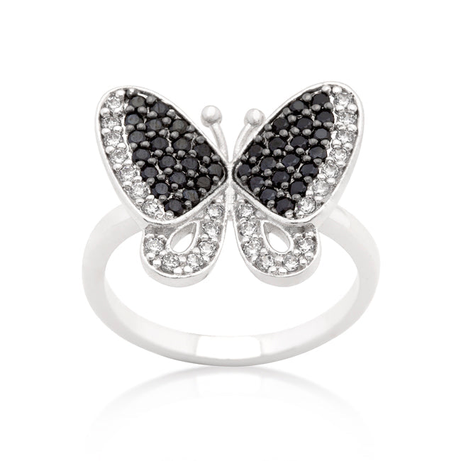 LOVCIA Elegant Black and White Butterfly CZ Ring with 18k Gold and Rhodium Finish