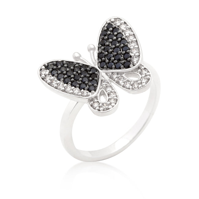 LOVCIA Elegant Black and White Butterfly CZ Ring with 18k Gold and Rhodium Finish