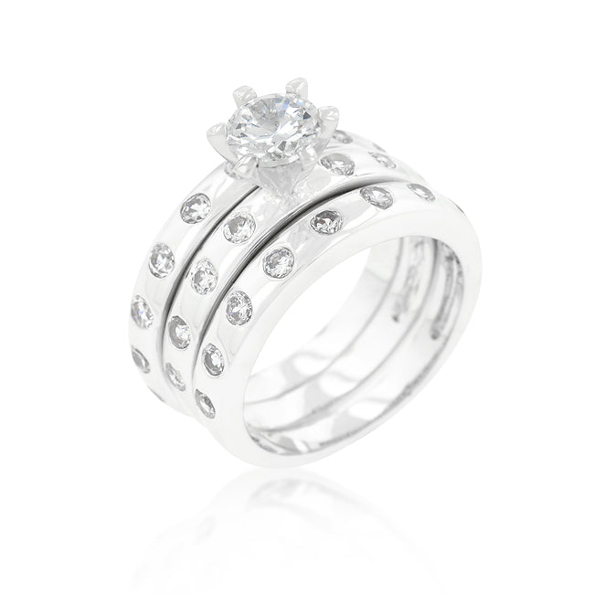 LOVCIA Elegant Bezel-Set Platinum Luster Engagement Ring Set