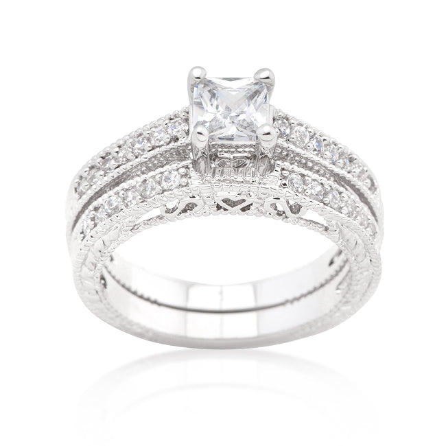 LOVCIA Luxe Essence Princess Cut Filigree Engagement Ring Set