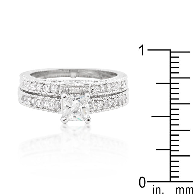 LOVCIA Luxe Essence Princess Cut Filigree Engagement Ring Set