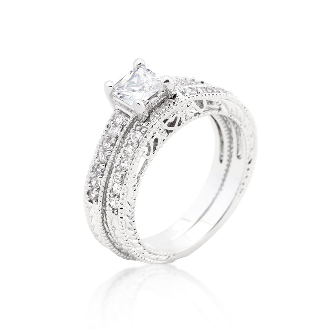 LOVCIA Luxe Essence Princess Cut Filigree Engagement Ring Set