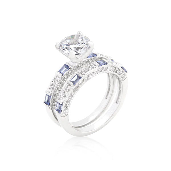 LOVCIA Tanzanite and Clear Cubic Zirconia Pave Ring Set with Rhodium Finish