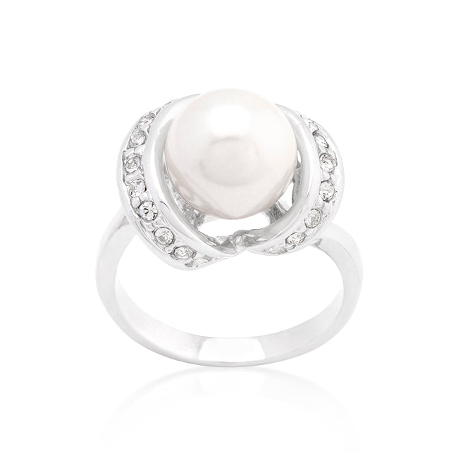 LOVCIA Regal Splendor Elegant Pearl and Rhodium Cocktail Ring