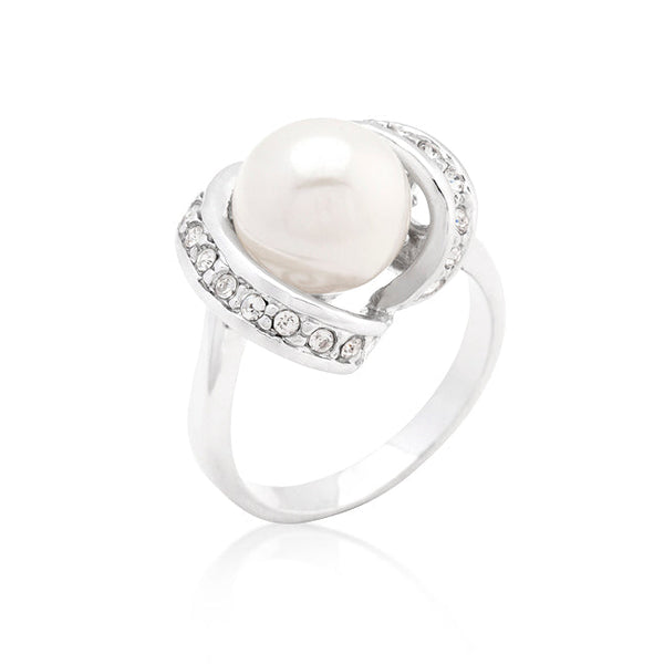 LOVCIA Regal Splendor Elegant Pearl and Rhodium Cocktail Ring