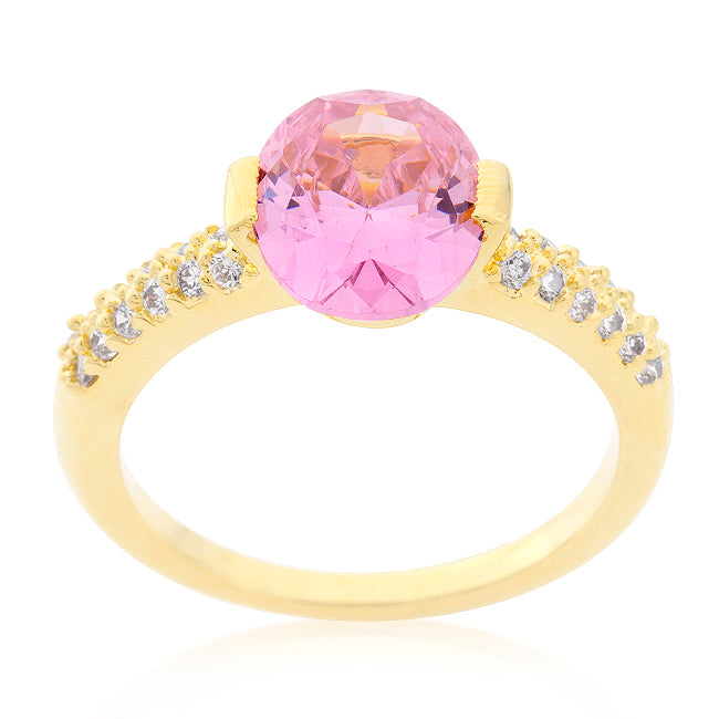 LOVCIA Elegant Pink Oval Cubic Zirconia Engagement Ring in 18k Yellow Gold Plating