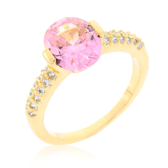 LOVCIA Elegant Pink Oval Cubic Zirconia Engagement Ring in 18k Yellow Gold Plating