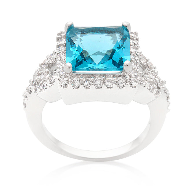 LOVCIA Elegant Halo Princess Cut Aqua Blue and White Zirconia Cocktail Ring