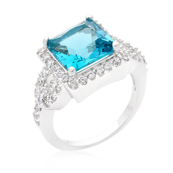 LOVCIA Elegant Halo Princess Cut Aqua Blue and White Zirconia Cocktail Ring