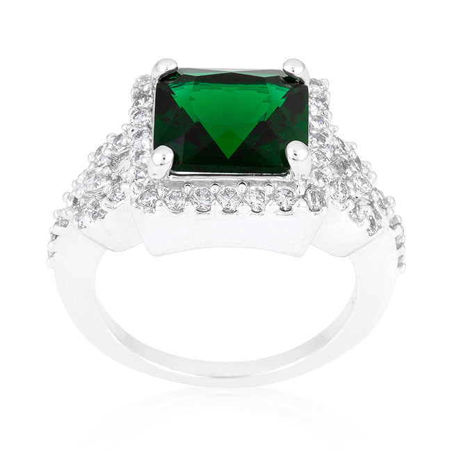 LOVCIA Princess Cut Emerald Green Halo Cocktail Ring with Rhodium Finish