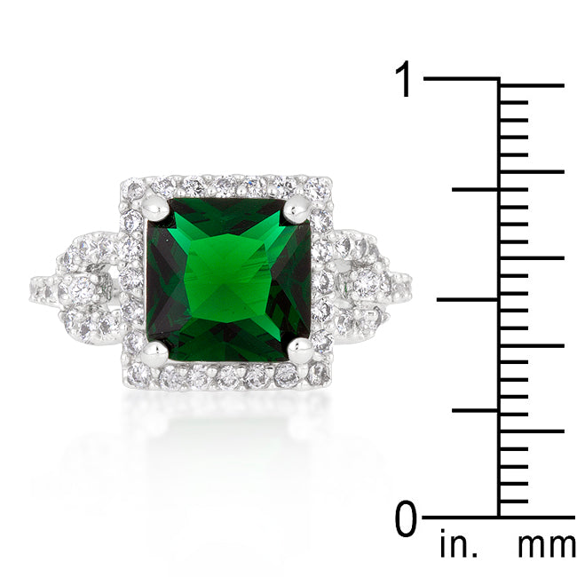 LOVCIA Princess Cut Emerald Green Halo Cocktail Ring with Rhodium Finish