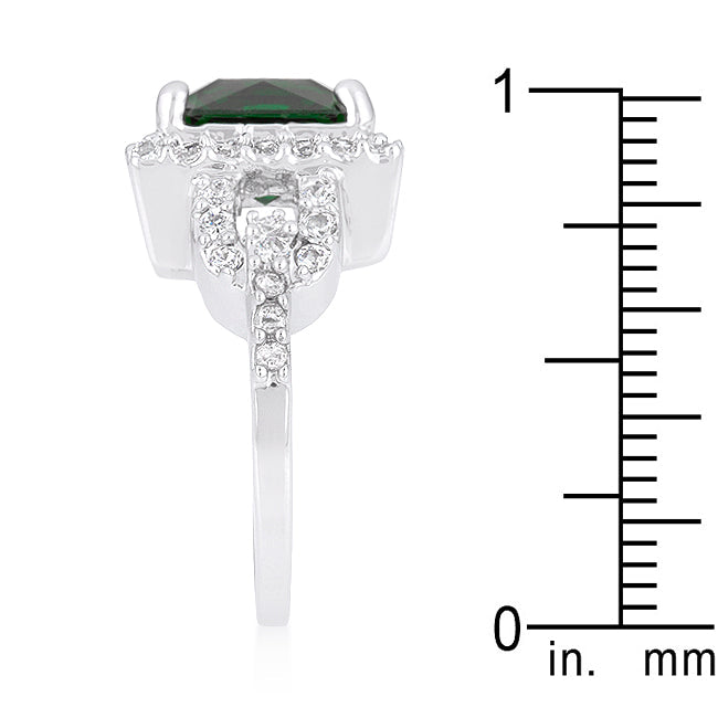 LOVCIA Princess Cut Emerald Green Halo Cocktail Ring with Rhodium Finish