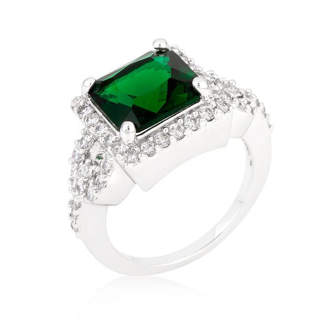 LOVCIA Princess Cut Emerald Green Halo Cocktail Ring with Rhodium Finish